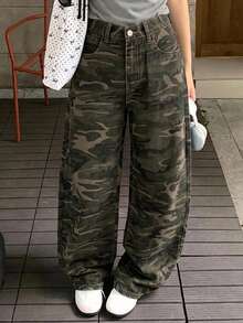 Hapijoa Teen Girl Casual Camouflage Straight Leg Long Pants With Rhinestone Decor Cool Autumn/Winter Denim Jeans - Army Green - View 2