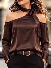 Velvienne Plus Size Women's Sexy Asymmetrical Shoulder Long Sleeve Blouse, Early Spring Faux Acetate Wrinkle-Resistant Versatile Chic Top - Brown - View 4