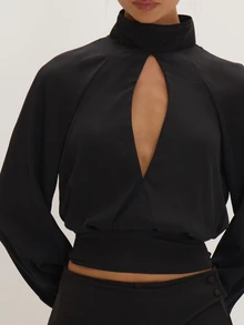 MUSEYN Black Chiffon Key Hole Detail Tie Long Sleeve Top Versatile Everyday Date Night Chic New Season Fall - Black - View 5