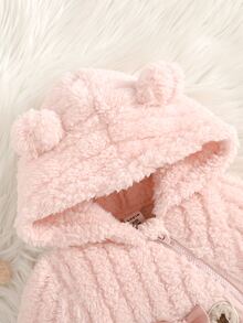 SHEIN 新生兒嬰兒貼花刺繡拉鍊舒適連帽居家休閒連身衣 - 粉色 - 查看 5
