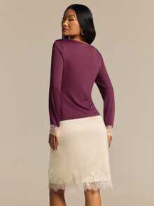 COSMINA Women's Long Sleeve Top Lace Patchwork Contrast Color Design Purple Top For Autumn/Winter - Multicolor - View 2