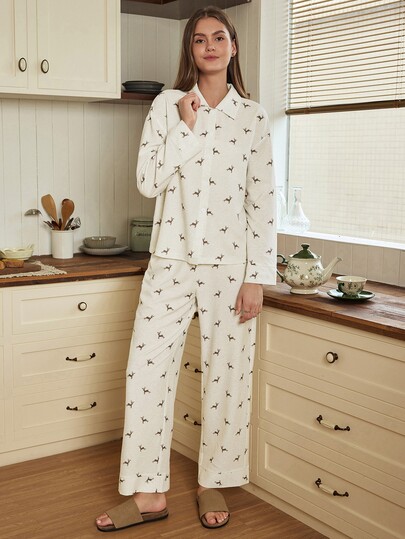 Doze Lane American Casual Shirt Collar Deer Print Long Sleeve Top And Loose Comfortable Pants 2 Pieces Women's Autumn Pajama Set