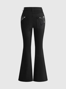 ROMWE Celana Jeans Model Flare Denim Berlapis Gaya Jalanan Indie Sleaze Y2K dengan Dekorasi Rivet di Saku, Ukuran Plus - Hitam - View 1
