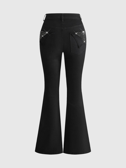 ROMWE Y2K Indie Sleaze Street Style Pocket Rivet Decor Slim Fit Coated Denim Flare Jeans Plus Size