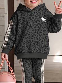 美式復古甜美輕豹紋與學院風拼色條紋，女童休閒長袖連帽衫與內搭褲2件套，適合秋冬，韓系風格，輕鬆舒適，時尚童裝，Y2K，可愛，派對，日常，度假，舒適 - 彩色 - 查看 7