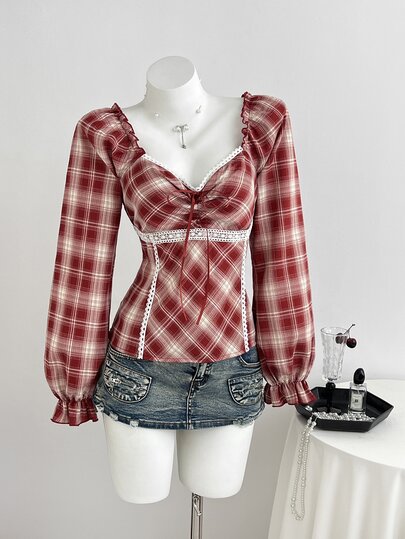 Elamini Sweet Sexy Style Bow Lace Patchwork Square Neck Plaid Petal Sleeve Long Sleeve Blouse