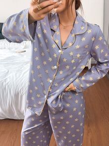 Napfluff Bubble Crinkle Star Print Lapel Long Sleeve Long Pants Pajama Set - Purple - View 7