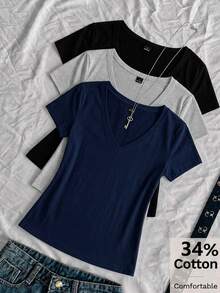 SHEIN EZwear 女款純色V領短袖休閒百搭T恤（3件組） - 彩色 - 查看 1