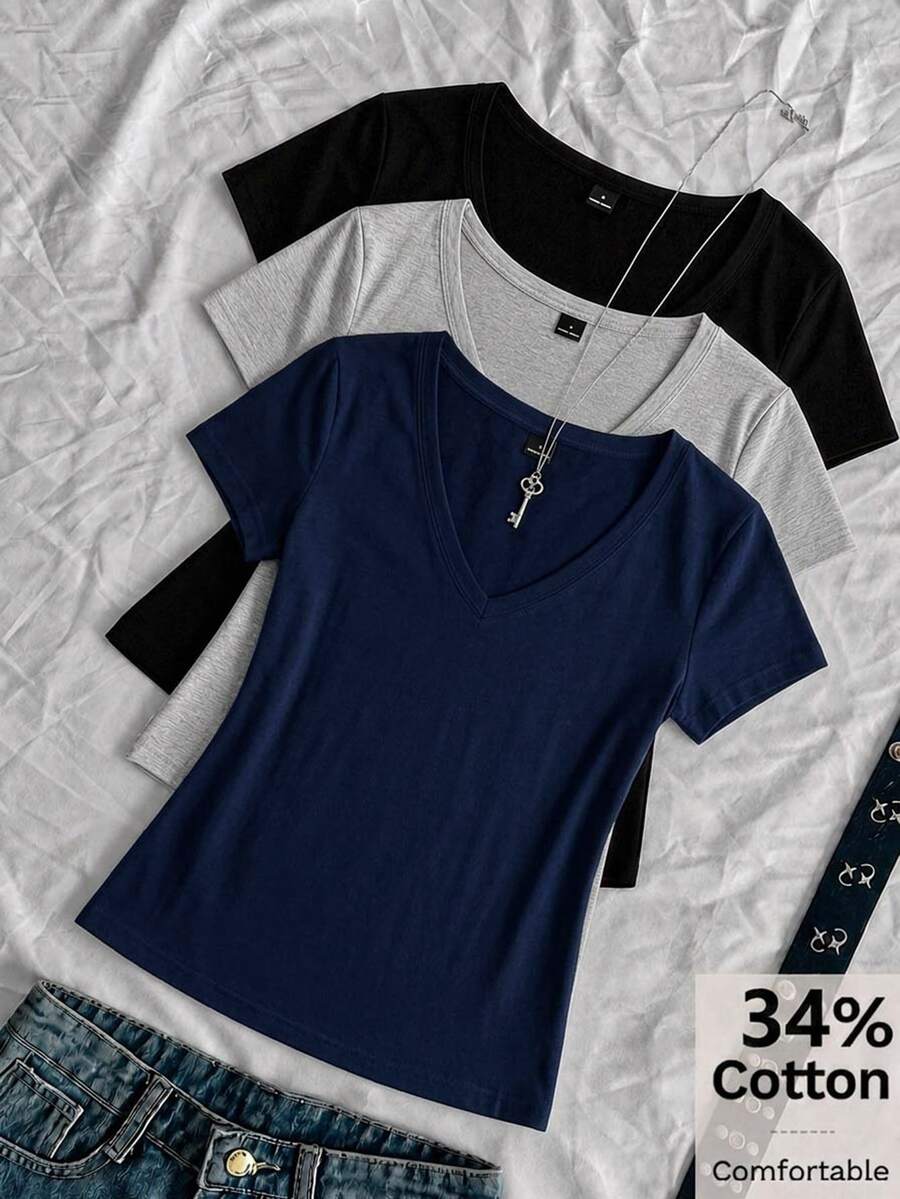 SHEIN EZwear 女款純色V領短袖休閒百搭T恤(3件組) - 彩色 - 查看 1