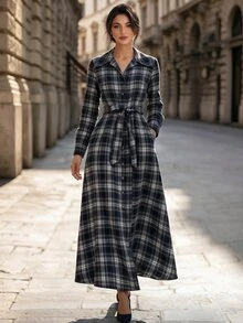 Editum 女款格紋長袖單排扣腰部繫帶休閒襯衫洋裝 - 藏蓝色 - 查看 4