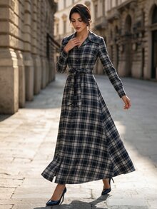 Editum 女款格紋長袖單排扣腰部繫帶休閒襯衫洋裝 - 藏蓝色 - 查看 3