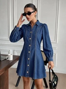 Serisse Women's Single-Breasted Casual Daily Summer Denim Dress - Blue - View 2