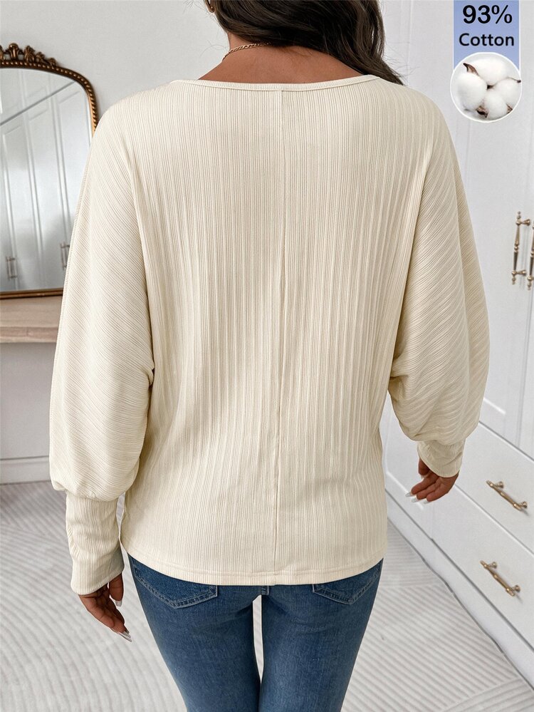 Editum Women's Solid Color Round Neck Batwing Long Sleeve Casual T-Shirt - Apricot - View 2