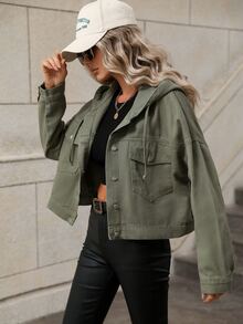 SHEIN Frenchy Plus Size Women's Long Sleeve Hooded Fashion Loose Casual Denim Jacket - Army Green - View 3