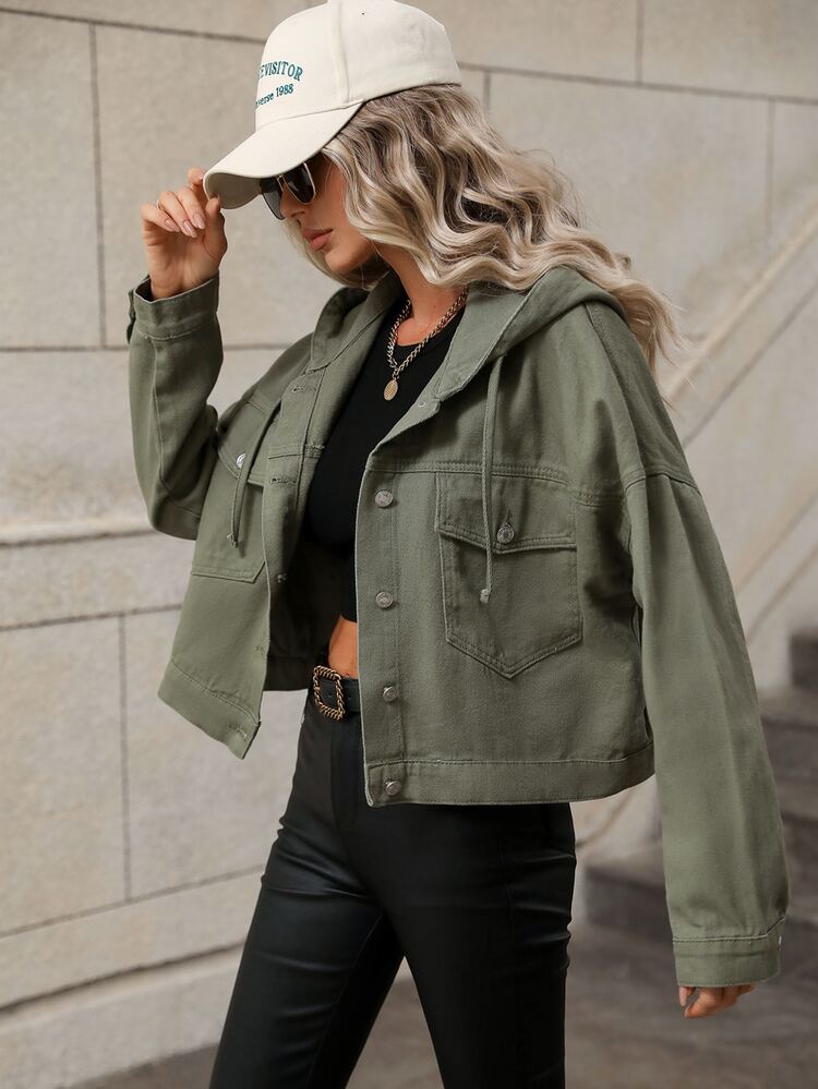 SHEIN Frenchy 大尺碼女款長袖連帽時尚寬鬆休閒牛仔夾克 - 軍綠色 - 查看 3