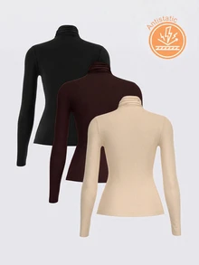 SHEIN BASICS Women's Solid Color Long-Sleeve Mock Neck Casual T-Shirts (3-Pack) - Multicolor - View 4