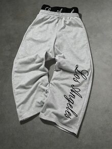 SHEIN 青少年男孩字母印花鬆緊腰寬腿寬鬆休閒運動長褲 - 灰色 - 查看 8