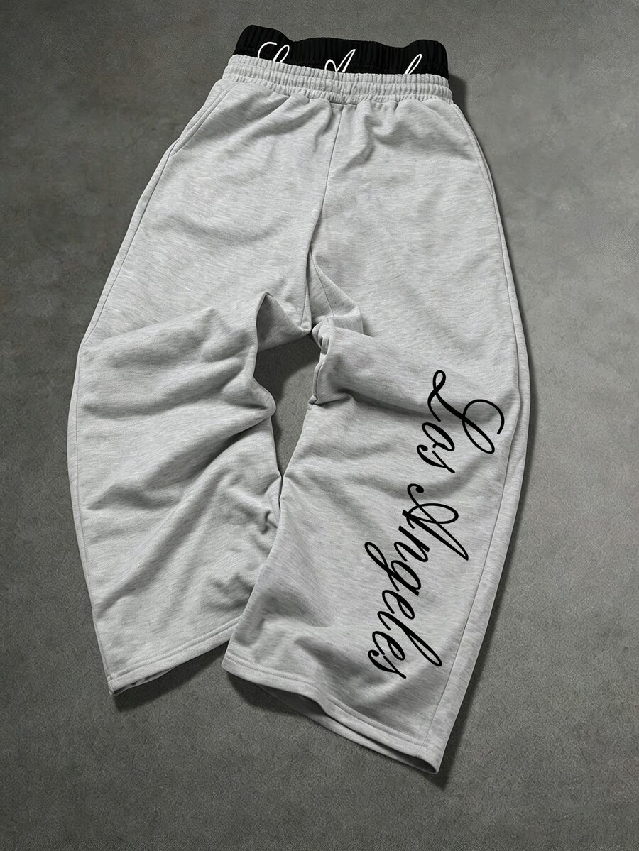 SHEIN Teen Boy Letter Print Elastic Waist Wide Leg Loose Casual Sweatpants - Grey - View 1