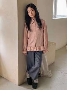 Dazy Kids 女童休閒條紋長袖寬鬆基本款襯衫 - 粉色 - 查看 4