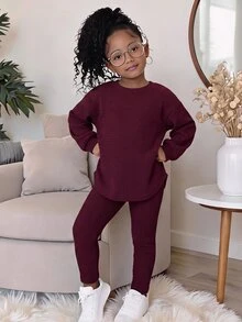 Young Girl 咖啡色紋理針織兩件套休閒百搭日常秋季新款返校萬聖節假期派對女童套裝 - 酒紅色 - 查看 6
