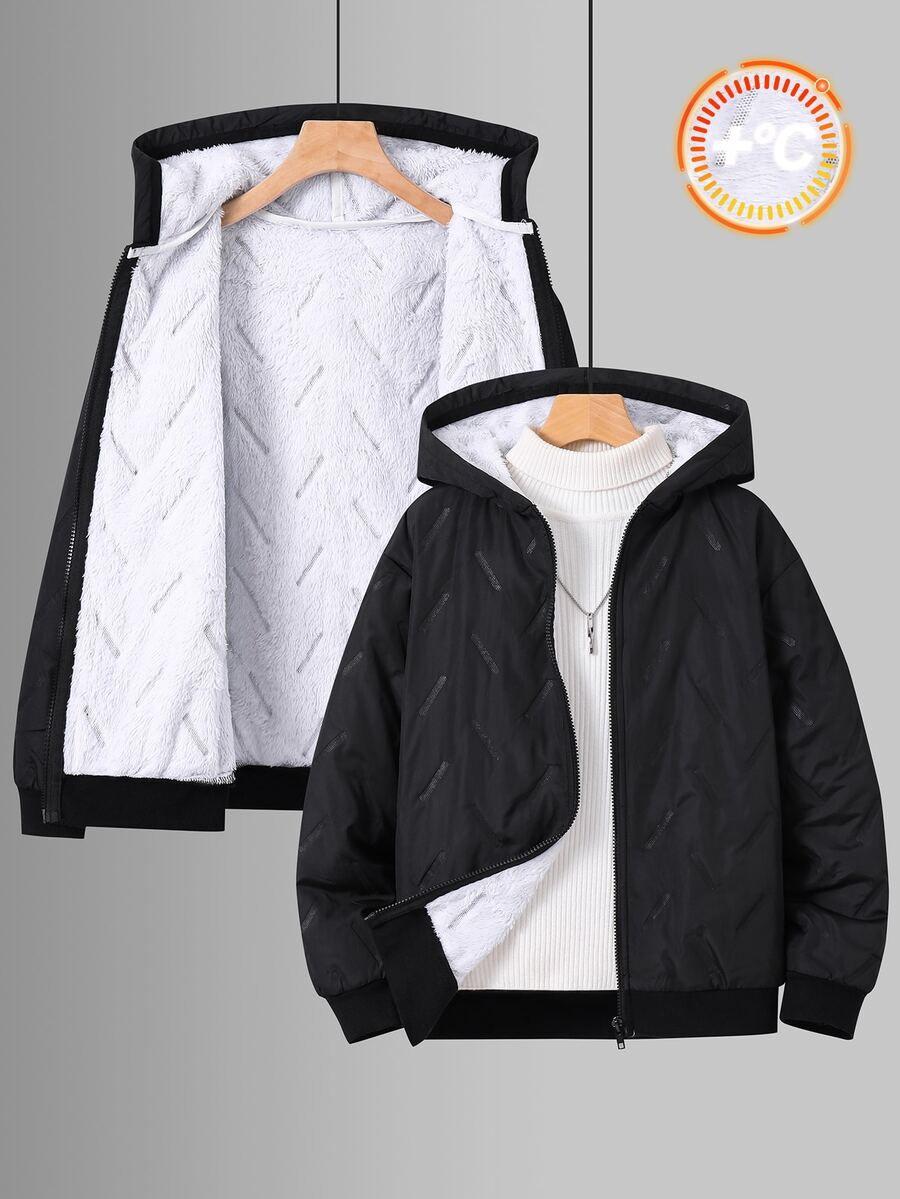 SHEIN 兒童青少年男孩保暖內裡加厚黑色夾克，秋冬款，絎縫外套，冬季外套，派克大衣，填充外套，填充外套，絎縫外套