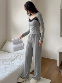 DAZY 2pcs/Set Women's Lace Patchwork Slim Fit Long Sleeve T-Shirt & Straight Leg Long Pajama Pants Sleepwear Set - Grey - View 5