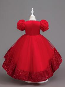 SHEIN Glamorique Kids 公主風女孩蓬蓬紗裙 兒童生日表演正式禮服 新生兒短袖婚禮花童裙 - 紅色 - 查看 3
