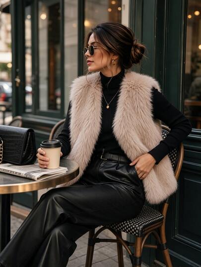 Balvessa Fuzzy Short Vest Plush Jacket Thickened Women's Elegant Retro Fashion Vest For Outing And Commuting