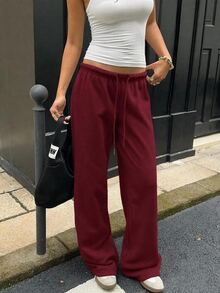 SHEIN EZwear 女款休閒極簡風酒紅色前綁帶寬鬆運動長褲，適合日常穿著與返校季 - 紅色 - 查看 3