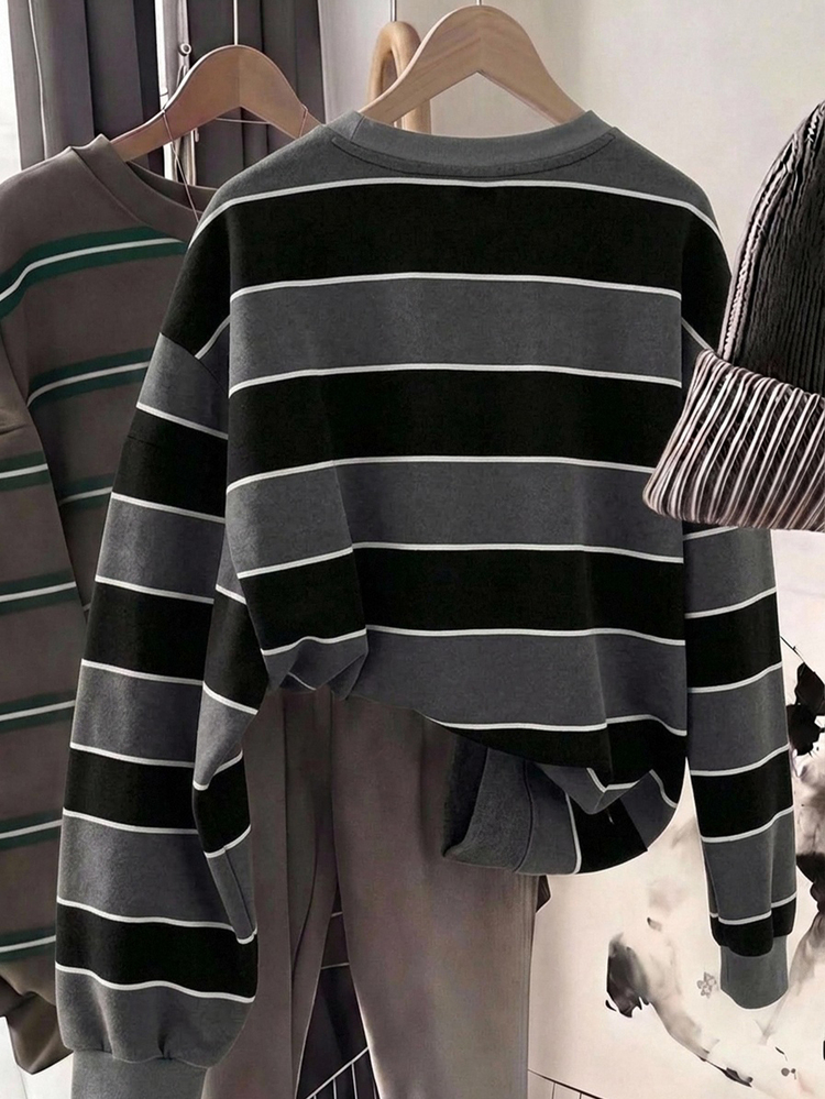 SHEIN LUNE Women's Casual Round Neck Loose Sweatshirt, Striped Sweatshirt, Women's Autumn/Winter Clothing - Multicolor - View 2