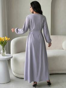 Al Najma Women's Round Neck Long Sleeve Zipper Placket Waist Faux Pearl Decor Arabian Dress - Purple - View 3