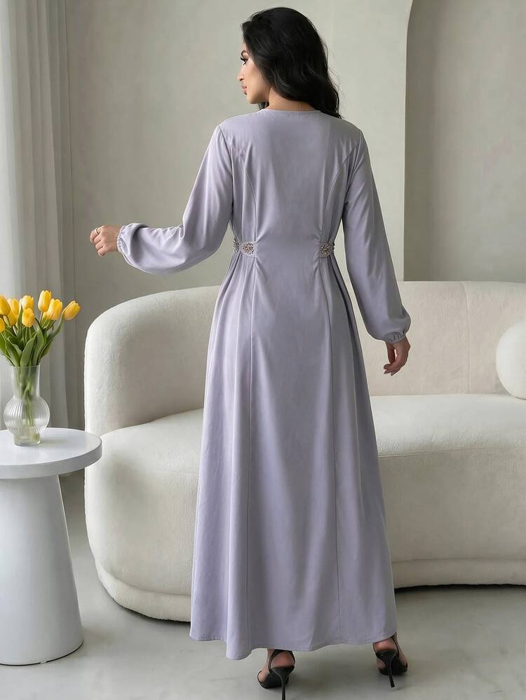 Al Najma 女款圓領長袖拉鍊門襟收腰仿珍珠裝飾阿拉伯風洋裝 - 紫色 - 查看 3