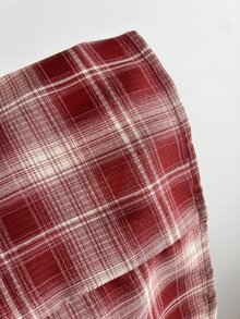 Elamini Sweet Sexy Style Bow Lace Patchwork Square Neck Plaid Petal Sleeve Long Sleeve Blouse - Red - View 4