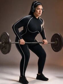 Powerista Plus Size Women's Form-Fitting Sports Jumpsuit With Mock Neck And Back Cutout Detail Ideal For Intense Workouts Athletic Jumpsuit Half-Placket Design - Black - View 5