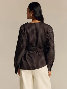 COSMINA Women's Long Sleeve Brown Striped Shirt With Belt And Asymmetrical Hem, Autumn/Winter - Brown - View 2