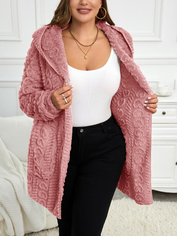 SHEIN LUNE Plus Size Women Casual Solid Color Fleece Hoodie Jacket, Autumn/Winter Black Cardigan Sweater Hooded Fuzzy Women,Fall Clothes For - Dusty Pink - View 5