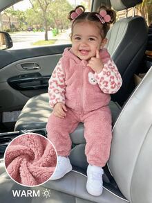 SHEIN Baby Girl Cartoon Embroidery Patchwork Leopard Print Long Sleeve Zipper Front Fleece Hooded Winter Jacket And Pants Set Autumn - Burgundy - View 1