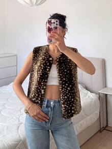 SHEIN EZwear Women's Brown Animal Print Faux Fur Vest - Coffee Brown - View 9