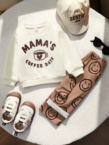 男童簡約可愛印花圓領長袖衛衣套裝 - 米色 - 查看 2