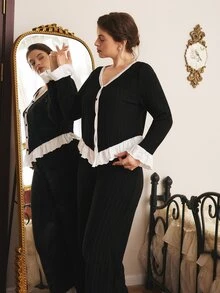 Côtesoire Plus Size Women French Elegant Contrast Color Long Sleeve Pajama Pants Set - Black and White - View 5