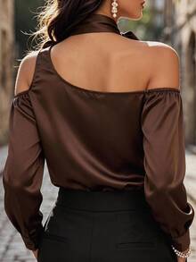 Velvienne Plus Size Women's Sexy Asymmetrical Shoulder Long Sleeve Blouse, Early Spring Faux Acetate Wrinkle-Resistant Versatile Chic Top - Brown - View 2