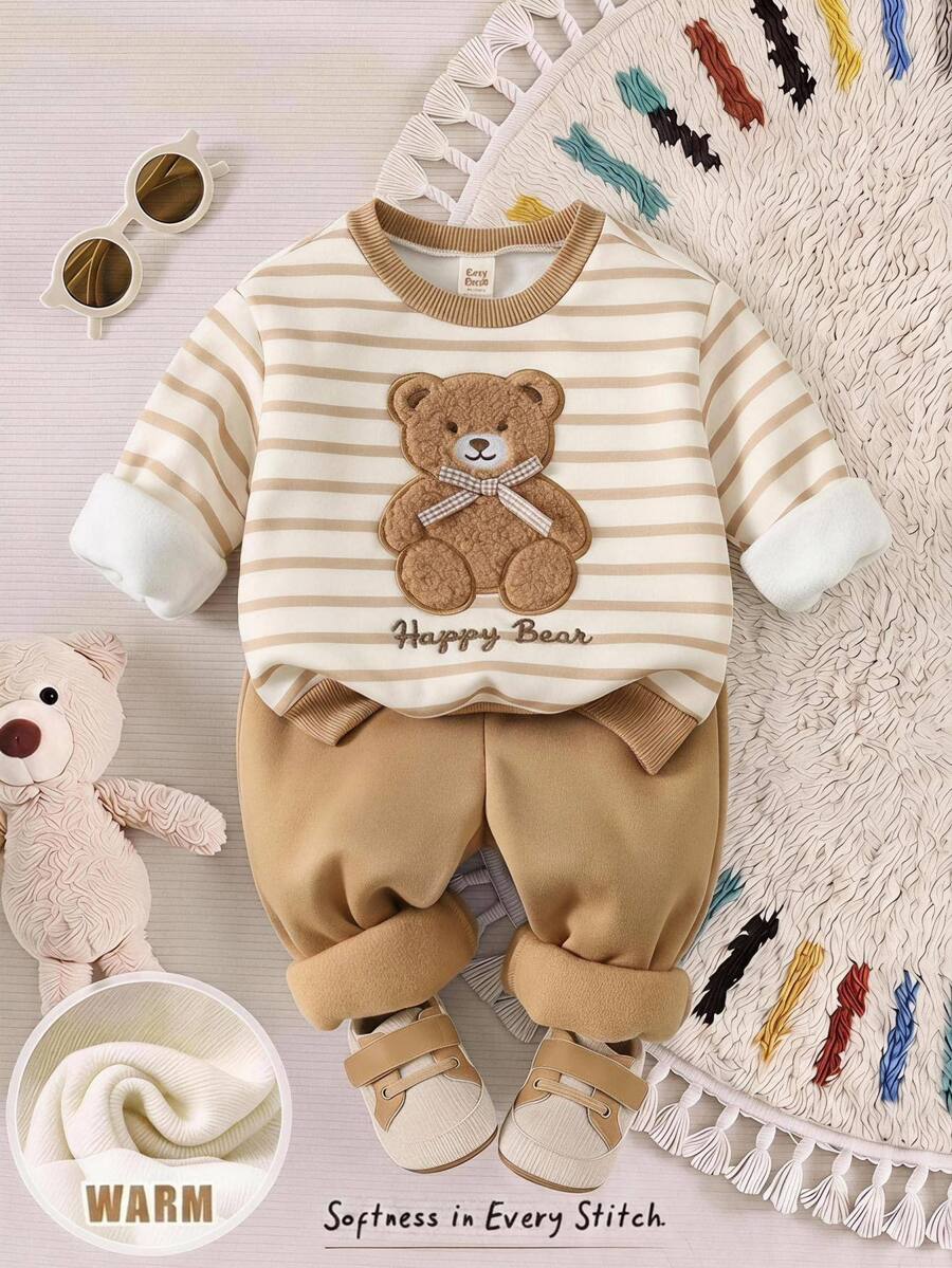 Cozy Pixies 2件組嬰兒男童休閒條紋3D毛絨熊圖案舒適圓領長袖針織運動衫與運動長褲套裝 - 卡其色 - 查看 1