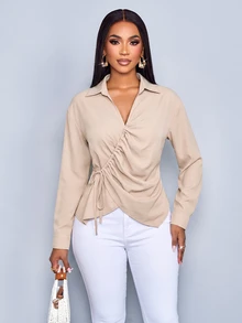 SOLERSUN Women's Lapel V-Neck Wrap Blouse Long Sleeve Ruched Side Tie Draped Shirt,Drawstring Ruched Waist ShirtElegant Casual Office Work Tops - Apricot - View 5