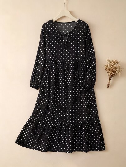 Rusticease Vestido de manga larga con lazo y estampado de lunares estilo francés para mujer