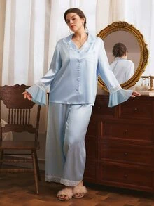 Côtesoire Plus Size Women's Contrast Lace Bell Sleeve Single-Breasted Top And Pants Elegant Pajama Set - Baby Blue - View 3