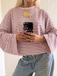 SHEIN EZwear 海外長袖粉色條紋襯衫，秋季上衣，適合日常通勤、派對、秋冬春夏、聖誕節、新年、感恩節、派對、婚禮、海灘、畢業典禮、優雅、外出、約會、通勤、情人節、優雅、度假、Y2K、畢業典禮及其他場合 - 彩色 - 查看 5