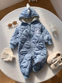 SHEIN 男女通用新生兒嬰兒/幼兒秋冬保暖內裡加厚可愛藍色恐龍連帽連身衣，男嬰冬季連身衣/吊帶褲/雪衣 - 藍色 - 查看 5