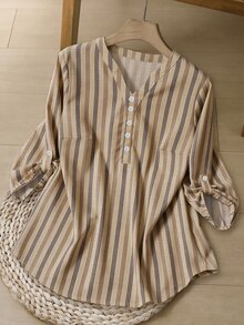 Rosumi 卡其色條紋大尺碼女款鈕扣設計捲袖襯衫，適合春秋穿著 - 彩色 - 查看 1