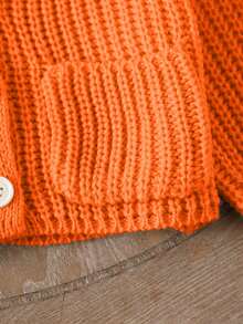 SHEIN 1pc Baby Girls' V-Neck Sweater,Light Beige,Autumn,Cute,Family Matching Knit Cardigan Jacket With Symmetrical Pockets,Ruffle Hem,Ribbed Cuffs,Soft Knit - Orange - View 5