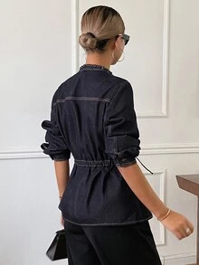 DAZY Women's Button Drawstring Pocket Button Denim Jacket - Dark Wash - View 5